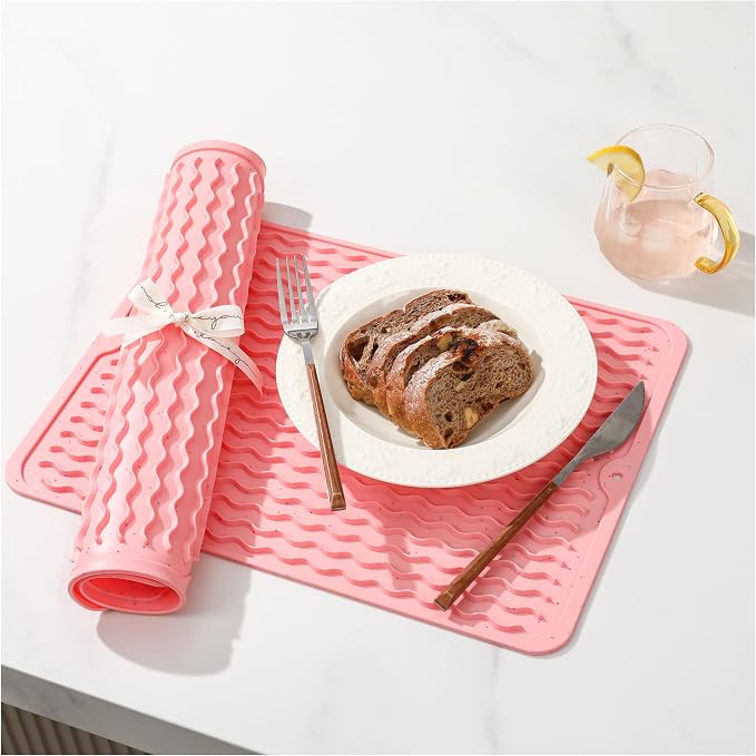 CAKETIME 2 Pack Multicolor Silicone Dish Drying Mat for Kitchen Counter Placemats Chef Mother Essentials Espresso Machine Station Utensil Holder Rack Washer Trivets Oven Tools Cute Girl Pink Gifts