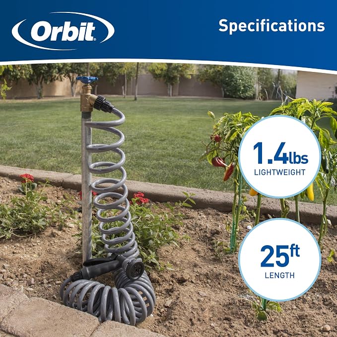 Orbit 26382 Coil Garden Hose, 25 Feet, with 8-Pattern Hose Nozzle (Gray) (Pack of 2)