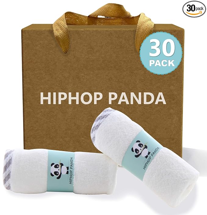 HIPHOP PANDA Baby Washcloths, Rayon Made from Bamboo - 2 Layer Ultra Soft Absorbent Newborn Bath Face Towel - Reusable Baby Wipes for Delicate Skin - Gray Stripe, 30 Pack
