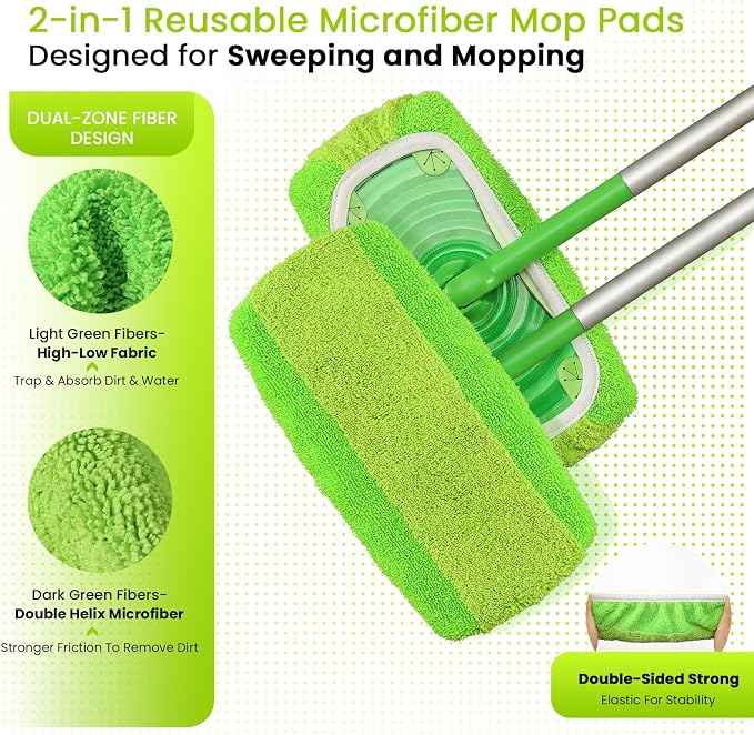 2-in-1 Reusable Microfiber Mop Pads Compatible with Swiffer Sweeper for Wet Mopping & Dry Sweeping, Two Types of Washable Heavy-Duty Mop Pad Refills for Multiple Floor Types Cleaning - 4Pcs, Green