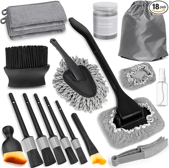 Windshield Cleaner Tool, 18Pcs Car Interior Detailing Brush Set, Inside Windshield Cleaning Kit with 200g Cleaning Gel, Duster Brush, 2 Microfiber Pads, Car Detailing Supplies for Men (Gray)