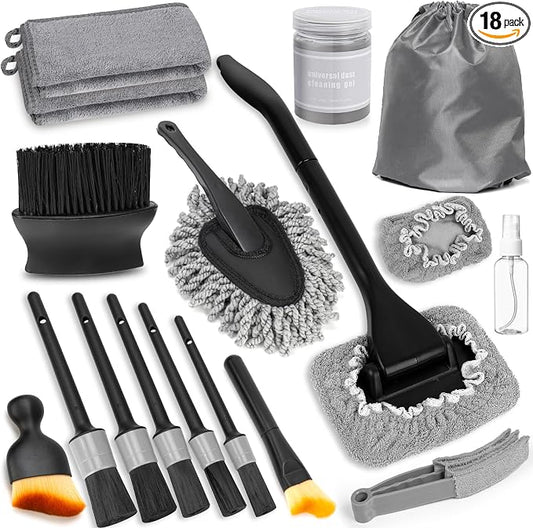 Windshield Cleaner Tool, 18Pcs Car Interior Detailing Brush Set, Inside Windshield Cleaning Kit with 200g Cleaning Gel, Duster Brush, 2 Microfiber Pads, Car Detailing Supplies for Men (Gray)