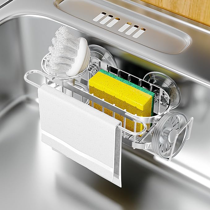 Cisily Kitchen Sink Caddy Sponge Holder in The Sink, Stainless Steel Kitchen Sink Organizer, Brush Holder, Dish Cloth Hanger, Sink Stopper Holder (Suction cup-Silver)