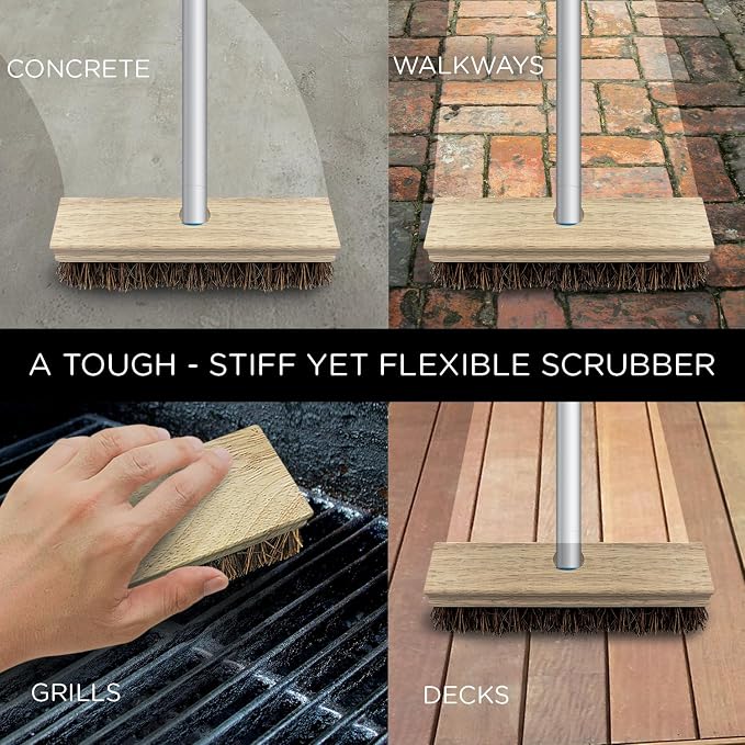 LOLA Deck Scrub Brush, 9" x 3.5" Head w/Palmyra Bristles for Outdoor Cleaning, Removes Dirt & Grime from Patios, Decks, Grout, 1 Count