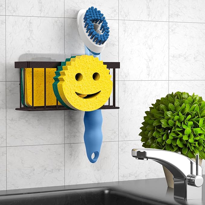 MURLONG Sponge Holder Smiley Face, Sink Caddy for Kitchen Sink, Sink Organizer Sponge Holder with 2 PCS Suction Cups/1 PCS Adhesive Strips, Designed for Sponge, Soap, Dish Brush, Scrubber-Bronze