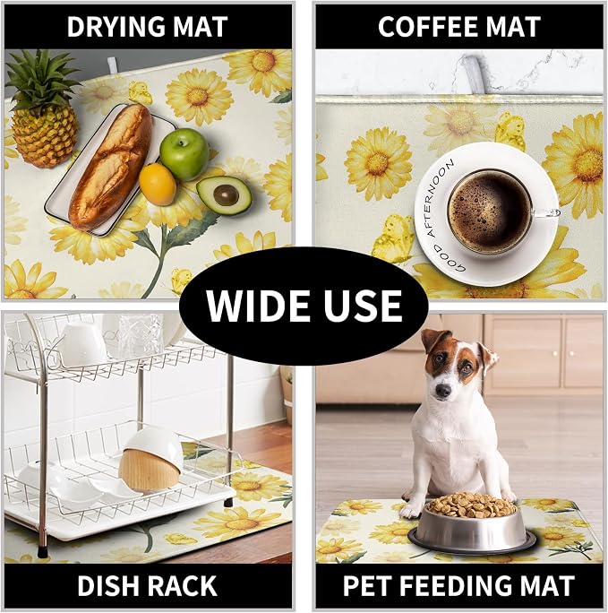 Yellow Sunflower Dish Drying Mat for Kitchen Counter Summer Daisy Floral Dishes Pad Farmhouse Flower Dish Draining Microfiber Absorbent Dish Drainer Rack Mat Large 16x18 Inch