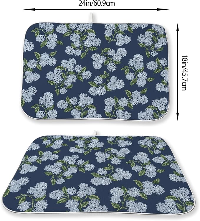 Navy Blue Dish Drying Mat 18x24 Inch Blue Green Vintage Floral Hydrangea Flower Drying Mat Spring Summer Seasonal Absorbent Dish Drying Pad Dish Rack Drainer Mats for Kitchen Dining Counter