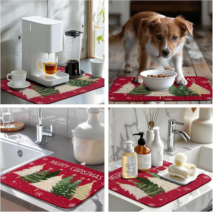 Merry Christmas Dish Drying Mat for Kitchen Counter 16x18 Inch Red Xmas Tree Snowflakes Drying Pad Winter Holiday Absorbent Microfiber Dish Draining Reversible Dish Drainer Rack Mat