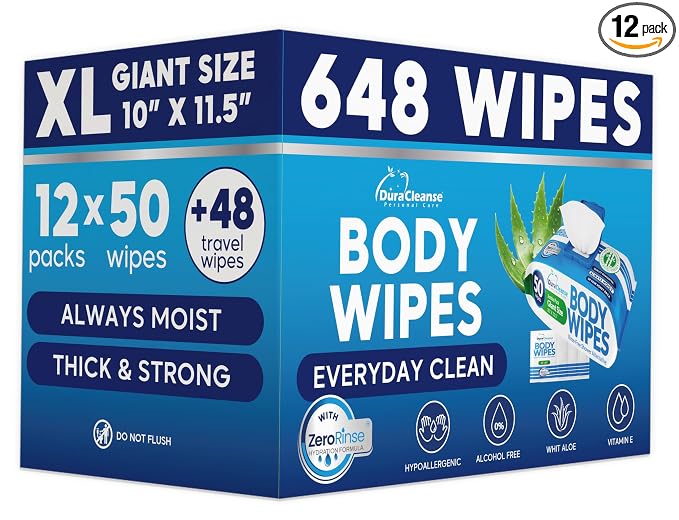 XL Body Wipes for Adults Bathing - 12 Pack, 648 No Rinse Adult Wipes for Elderly - 10 x 11.5" Extra Large, Thick & Moist Cleansing Shower Wash Cloths - Disposable Waterless Washcloths for Incontinence