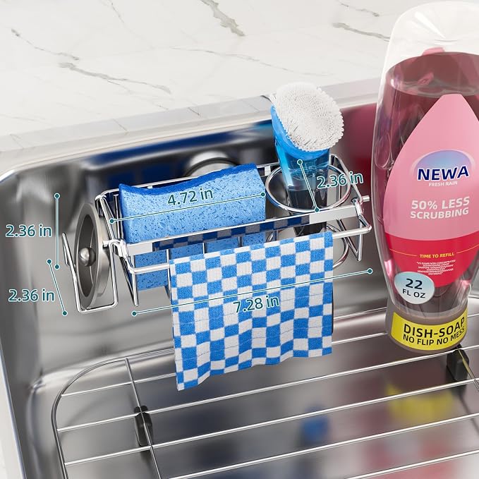 TAILI 4-in-1 Sink Caddy with Strong Suction Cup, Sponge Holder for Kitchen Sink Organizer, Removable, Rustproof, Stainless Steel Holder for Sponge, Brush, Scrubber, Scraper - Silver