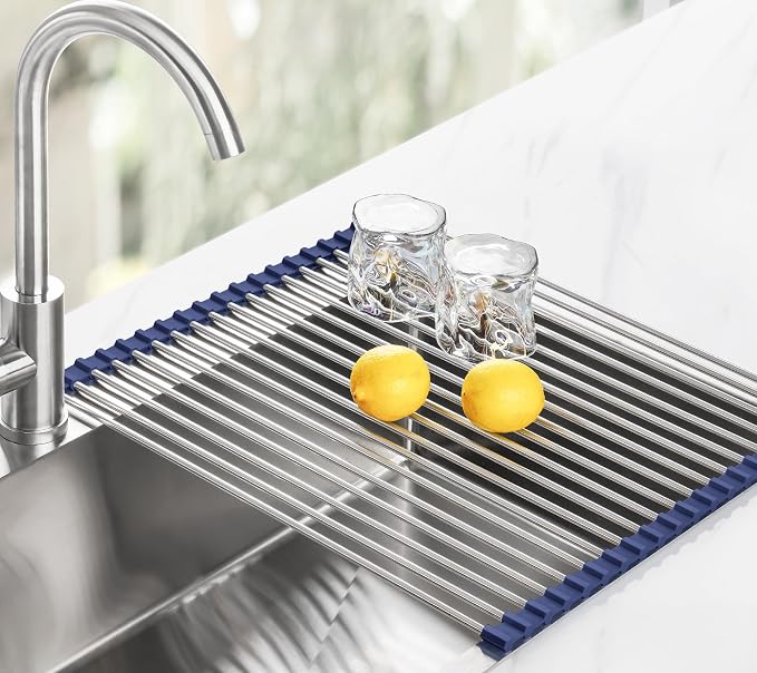 Tomorotec 21" x 15.5" Roll Up Dish Drying Rack Over Sink Drying Rack Sink Cover Kitchen Sink Accessories Gadget Multipurpose Organizer Foldable Stainless Steel Drainer