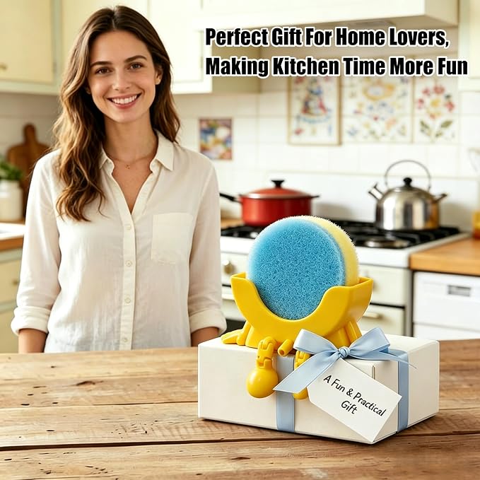 Cute Hanging Sponge Holder with Drainage,3D Printed Kitchen Funny Sponge Stand for Sink,with non-slip pads,Suitable for Scrub Daddy Holder,Keeps Your Sponge Dry Smiling (Yellow)