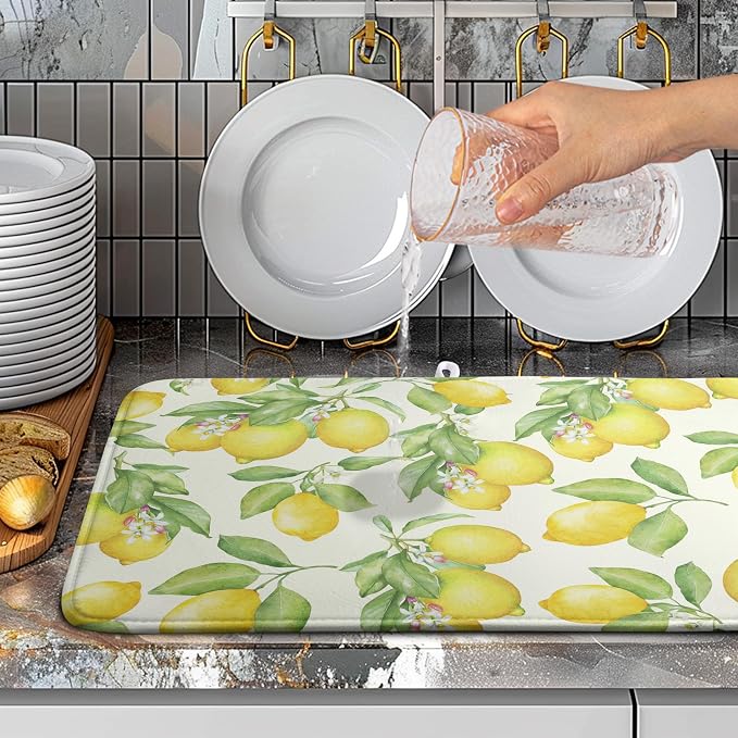 Summer Lemon Drying Mat Watercolor Fruit Yellow Lemon With Green Leaf Floral Dish Drying Mats for Kitchen Counter 18×24 Inch Microfiber Absorbent Dish Pad