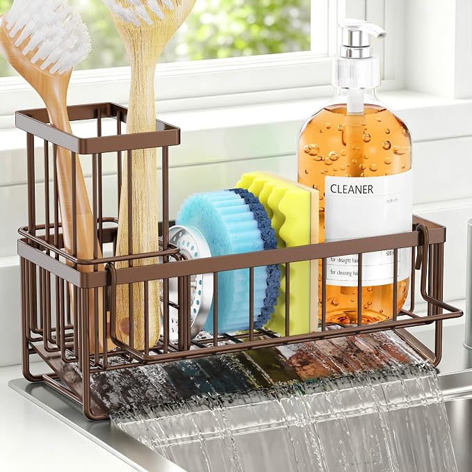Sponge Holder for Kitchen Sink, Kitchen Sink Caddy, Kitchen Sink Sponge Holder, Dish Sponge Holder, Kitchen Sink Organizer for Sponge, Dish Brush, Scrubber(9.65" x 3.74" x 6.3", Brown)
