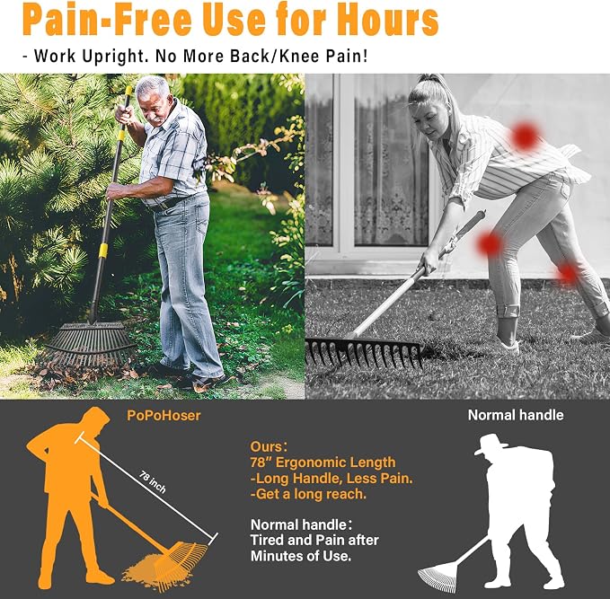 25-Tine Metal Leaf Rake Set with Adjustable Handle, 32-Gallon Bag & Leaf Scoops for Effortless Yard Cleanup, Heavy Duty Sturdy Garden Rake for Lawns, Backyard, Fall & Spring Cleaning 6FT