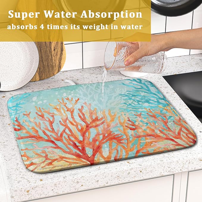 Giwawa Coastal Coral Dish Drying Mat Beach Ocean Drainer Rack Mat 16x18 Inch Microfiber Absorbent Reversible Dish Dry Pad for Kitchen Counter Sink