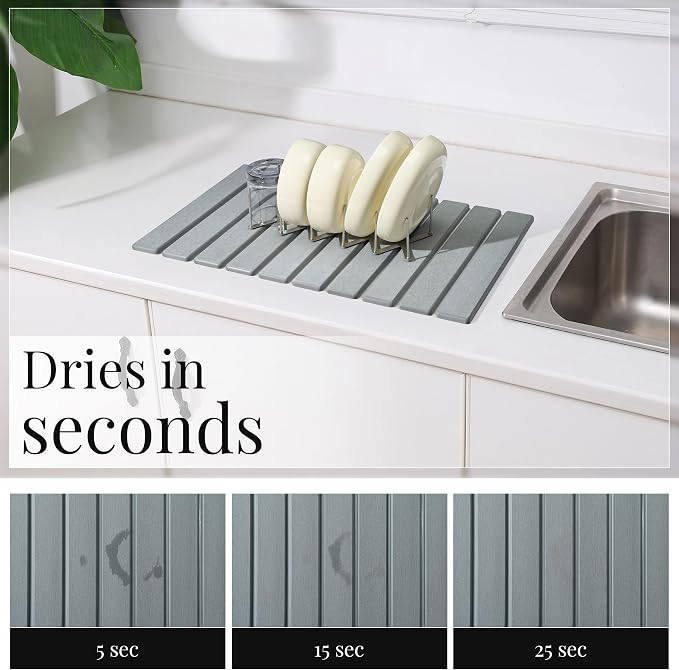 Diatomaceous Stone Dish Drying Mat with Collapsible Steel Rack - Quick Dry Kitchen Counter Set, Space Saving Foldable Dryer