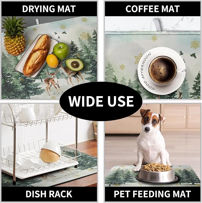 Reindeer Tree Snowflakes Christmas Dish Drying Mats for Kitchen Counter 18x24 Inch Winter Forest Dish Drainer Mats Absorbent Reversible Dish Draining Microfiber Dishes Drying Pad