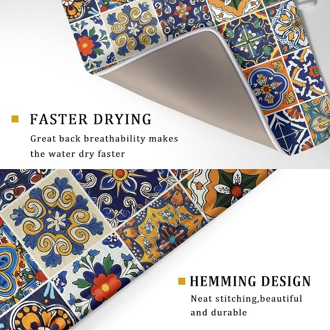 Talavera Mexican Tiles Dish Drying Mat for Kitchen Counter 16x18 Inch Mexican Flower Decorations Dish Draining Mat Mexican Tilt Fast Absorbent Tableware Dishes Pad for Coffee Bar Countertop