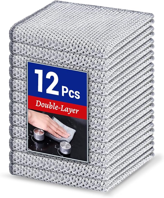 Wangjinpeng 12PCS Non-Scratch Multipurpose Steel Wire Dishcloths - Reusable Quick-Dry Odor-Free Scrub Cloths for Dishes, Kitchen Cleaning Cloths for Cookware, Sinks, Stove Tops(9.84X9.84)