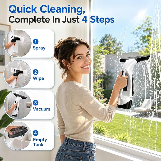 Window Vacuum Squeegee Cordless, 2000Pa Electric Window Cleaner Tool, 150ml Tank, 2200mAh Electric Window Glass Squeegee 280mm Wide Blade, 150ml Tank, Window Cleaning Kit for Glass Mirror Tile Car