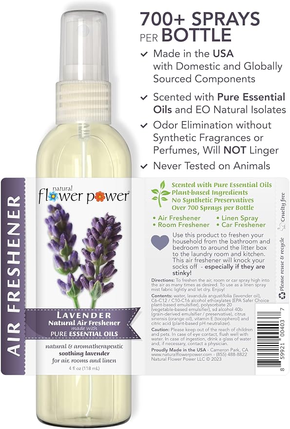 Natural Flower Power Air Freshener Spray - Odor Eliminator with Essential Oils for the Home, Car & Fabric - Cruelty Free & Vegan - Lavender + Peppermint & Lemon - 2 x 4 oz