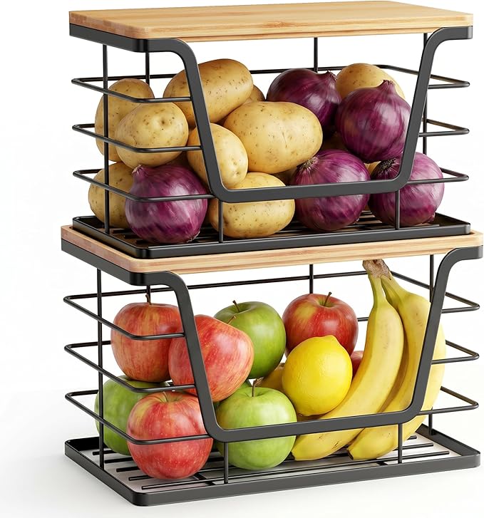 ALOCEO 2 Pack Stackable Wire Storage Basket with Bamboo Lid, Stainless Steel Extra Large Trash Bag Dispenser Roll Holder for Kitchen Sink, Kitchen Storage Bins for Potato and Onion, Black