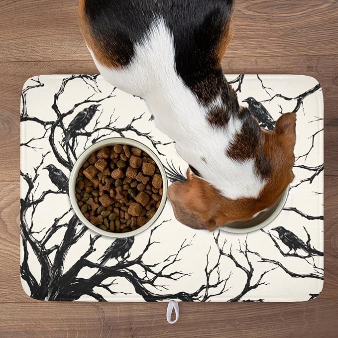 Halloween Crows Dish Drying Mat for Kitchen Counter Vintage Spooky Black Tree Branches Raven Pattern Microfiber Dish Drainer Mat Rustic Absorbent Washable Drying Pad 18"x24"