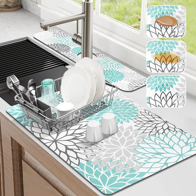 Findosom 2PCS 16" x 24" Dish Drying Mat & 24" x 5.5" Sink Splash Guard, Super Absorbent & Cuttable Dish Mat Drying Kitchen Mat with Teal Floral, Hide Stain Drying Mat for Kitchen Counter