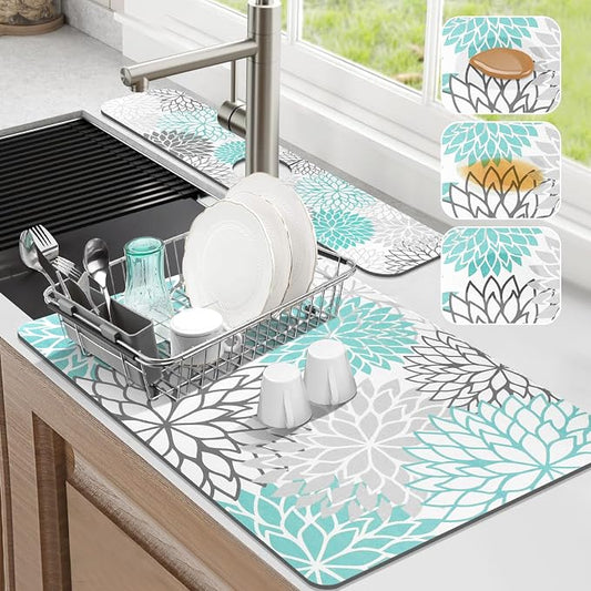 Findosom 2PCS 16" x 24" Dish Drying Mat & 24" x 5.5" Sink Splash Guard, Super Absorbent & Cuttable Dish Mat Drying Kitchen Mat with Teal Floral, Hide Stain Drying Mat for Kitchen Counter