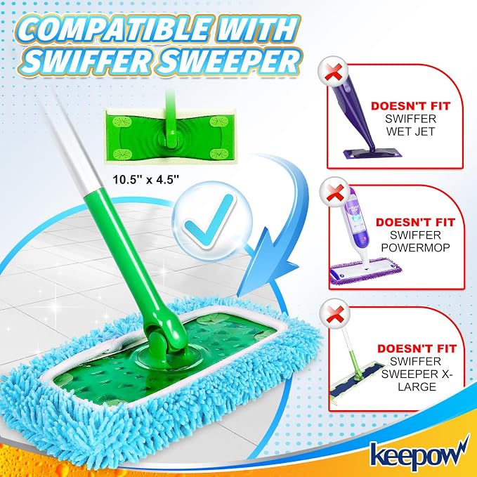 KEEPOW Reusable Mop Pads Compatible with Swiffer Sweeper Mop Microfiber Mops Pads Dry Sweeping Cloths & Wet Mopping Cloths Chenille Washable Wet Pads Refill for Mopping Floors Cleaning 10 PCS