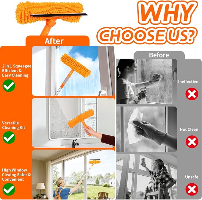67" Squeegee Window Cleaner, 2 in 1 Professional Window Cleaning Tool Kit with Extension Pole, Window Washing Equipment with Rotatable Head for Indoor Outdoor Windows Car Glass