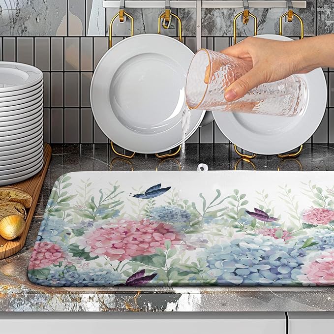 Spring Flowers Dish Drying Mat for Kitchen Counter Blue Pink Hydrangea Floral Drying Mats Absorbent Reversible Microfiber Dish Draining Mat Reusable Washable Dishes Pad Extra Large 18"x24"