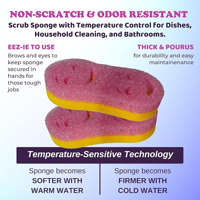 Smilyeez Double-Size Scrub Moji Duo Sponge 2-Pack – Dual Smiling Faces, Temperature-Responsive Scrubber – Scratch-Free, Odor & Stain Resistant