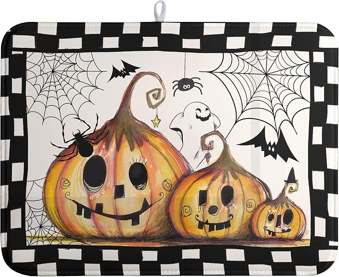 Happy Halloween Fall Pumpkin Dish Drying Mat for Kitchen Counter 18x24 In Spooky Ghost Bats Spider Web Buffalo Plaid Drying Mats Microfiber Dish Drainer Mat Large Absorbent Fast Dry Pad
