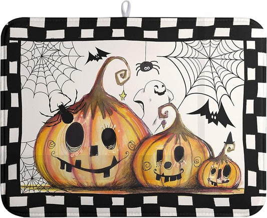 Happy Halloween Fall Pumpkin Dish Drying Mat for Kitchen Counter 18x24 In Spooky Ghost Bats Spider Web Buffalo Plaid Drying Mats Microfiber Dish Drainer Mat Large Absorbent Fast Dry Pad