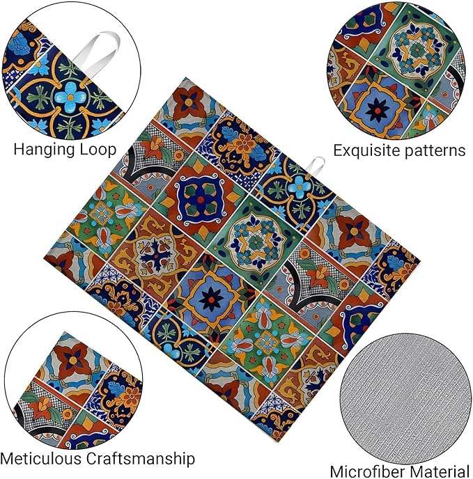 Talavera Mexican Tiles Dish Drying Mat For Kitchen Counter, Super Absorbent Microfiber Dish Drying Pad, Kitchen Gadgets For Easy Clean Multi-Use Large 18"x24"