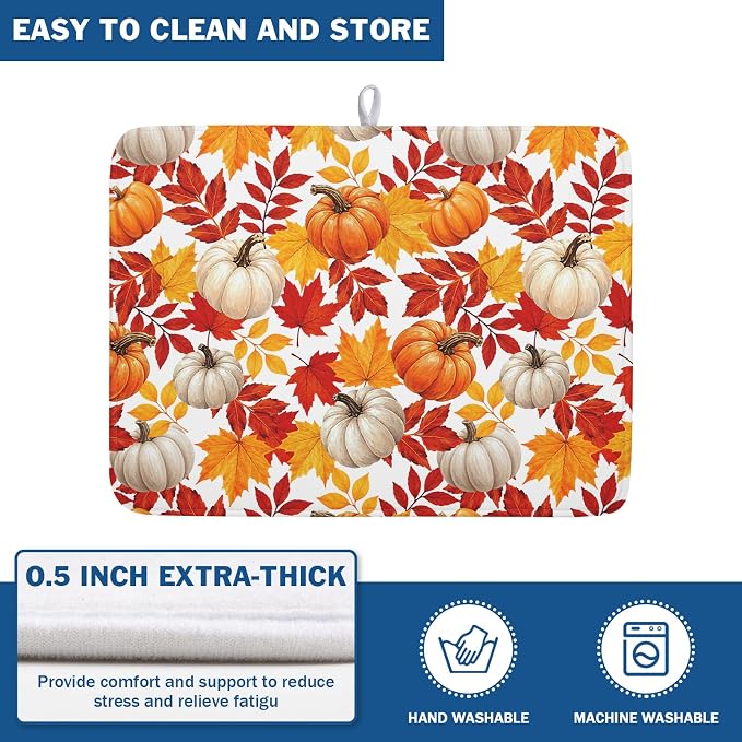 Fall Pumpkin Dish Drying Mat for Kitchen Counter 18x24 Inch Autumn Pumpkins Maple Leaves Drying Mats Thanksgiving Absorbent Reversible Dish Pad Fast Dry Drainer Mat Protector for Countertop Coffee Bar