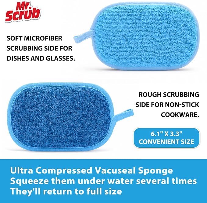 Mr. Scrub Sponges Kitchen Dish Sponge for Washing Dishes Cleaning Kitchen, 5 Pack, Non Scratch, Rough Scrubbers Side for Non-Stick Cookware, Soft Microfiber Scrub Side for Dishes, Multicolor