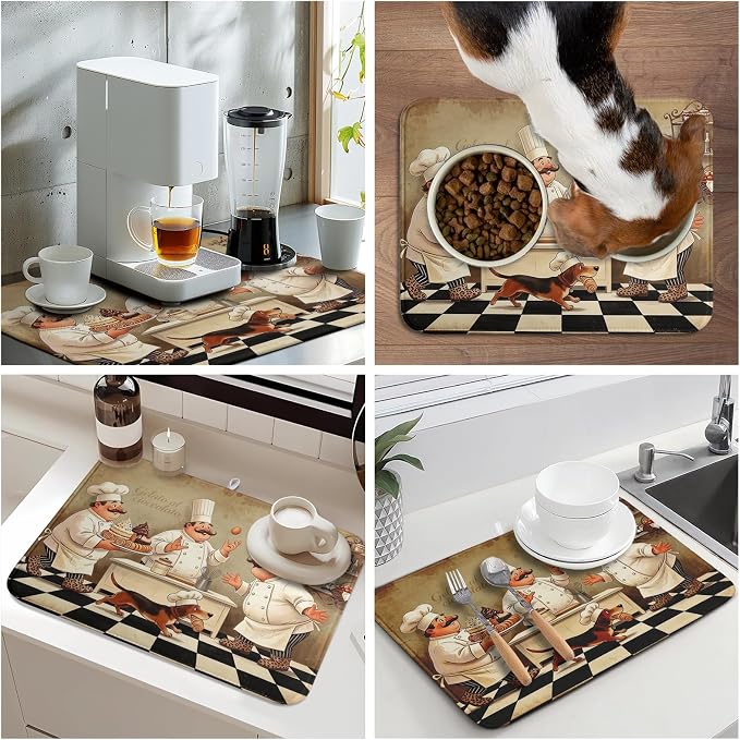 Fat Chef Dish Drying Mat For Kitchen Counter 18x24 Inch Microfiber Absorbent Drying Pad Chef Kitchen Drying Mat Dishes Pad Dish Drainer Rack Mats For Coffee Bar Decor Mats
