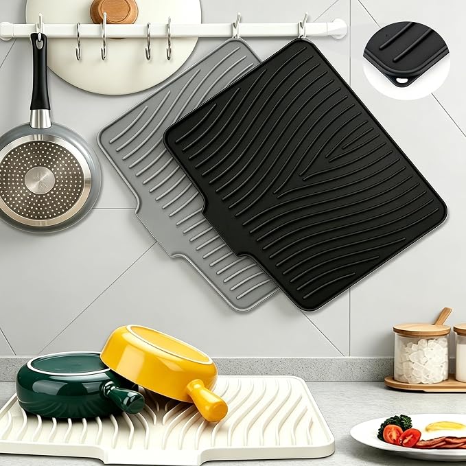 EBIGIC Silicone Dish Drying Mat, 19.7"*17" Dish Drying Pad,Kitchen Accessories,with Built-In and Non-Slip Drain,Easy Clean, Fit for Kitchen, Bar, RV, Refrigerator and Drawer Liner, Black