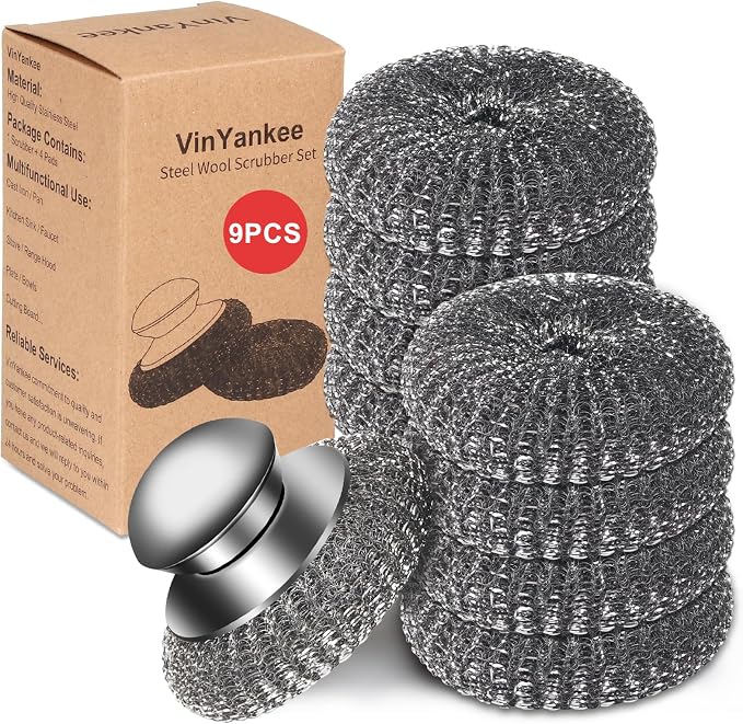 9Pcs Steel Wool Scrubber with Replacement Wire Sponge Pads Set, Stainless Steel Scrubber with Handle for Scouring Messes from Cast Iron, Frying pan, Pots, Pans, Grill, Stoves, Sink(1 Scrubber+8 Pads)