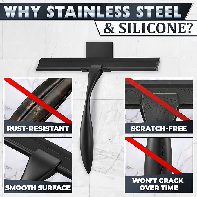 Black Squeegee for Shower Glass, 10" Silicone Blade, Stainless Steel | Shower Door Squeegee with Hook, Adhesive Mount; All-Purpose Bathroom Tile, Mirror, & Window Wiper for Streak-Free Cleaning