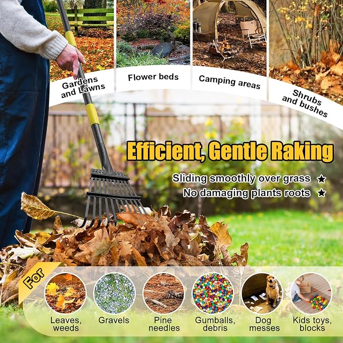Rake for Leaves: Small Metal Garden Rake, 8.5" Wide, 11 Metal Tines,Heavy Duty Lightweight Kids Leaf Rakes for Small Lawn Yard Shrub,Tight Spot Garden Bed Leaf Debris Picking Cleaning, 60” Long Handle