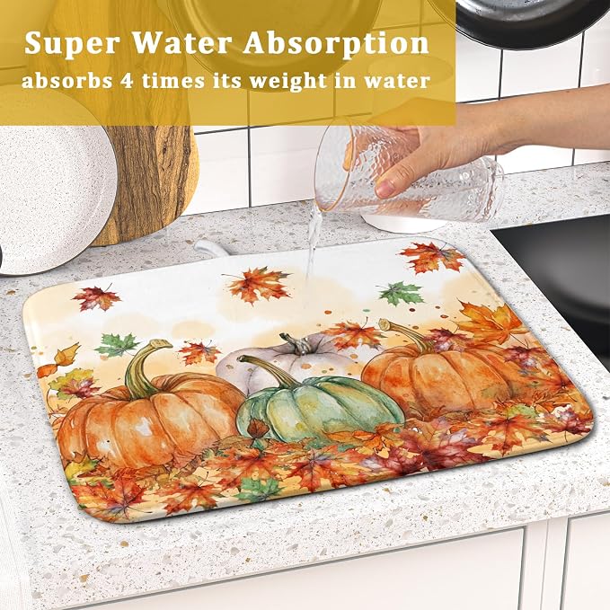 Fall Dish Drying Mat for Kitchen Counter 16×18 Inch Orange Pumpkin Drainer Pad Rustic Autumn Dish Rack Pad Drainer Mat Thanksgiving Absorbent Reversible Microfiber Dish Drying Pad for Coffee Bar