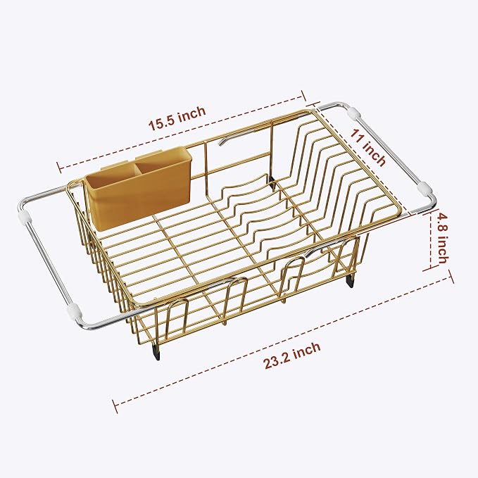 JASIWAY Gold Dish Drying Rack in Sink, Expandable Stainless Steel Dish Drainers for Kitchen Counter, Dish Dryer Rack for Inside Sink, Over The Sink Dish Racks with Utensil Holder