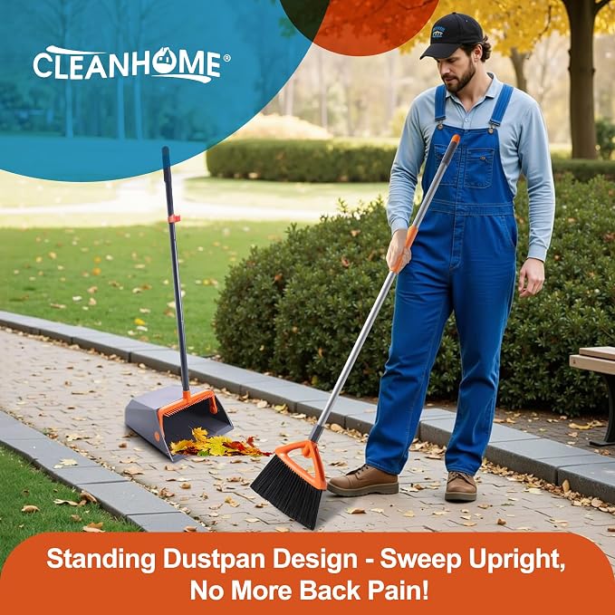 CLEANHOME Heavy Duty Outdoor Broom and Dustpan Set with Long Handle | Long Handle, Standing Dustpan & Split-End Bristles for Patio, Garage, Deck, Leaves Debris Cleaning