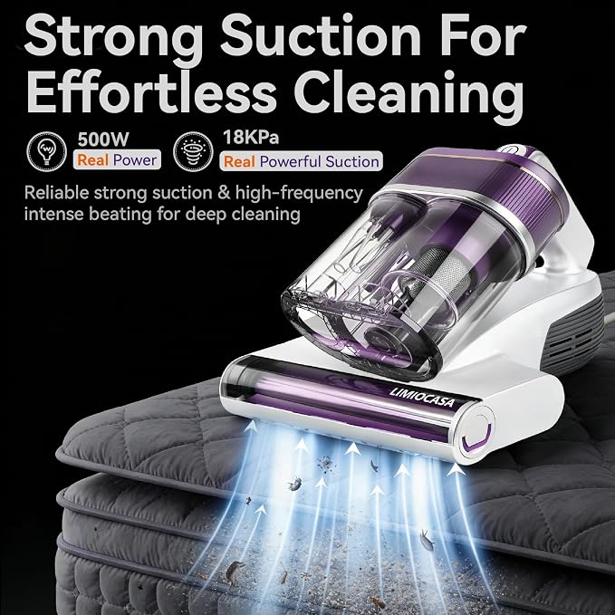 Bed Vacuum Cleaner 18KPa & 500W Powerful Suction, Visible Dust Sensor, 149°F Heat & UV-C Light, Mattress Deep Cleaning with HEPA Filter for Bed Couch Carpet (Corded)