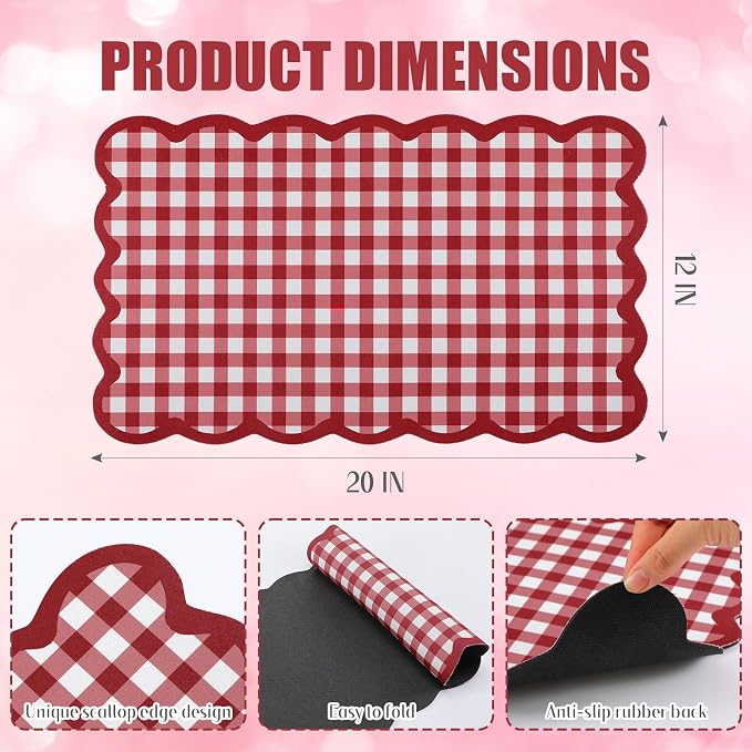 Scalloped Gingham Coffee Mat 12" x 20" Absorbent Coffee Bar Mat Gingham Espresso Matt for Counter(Red)
