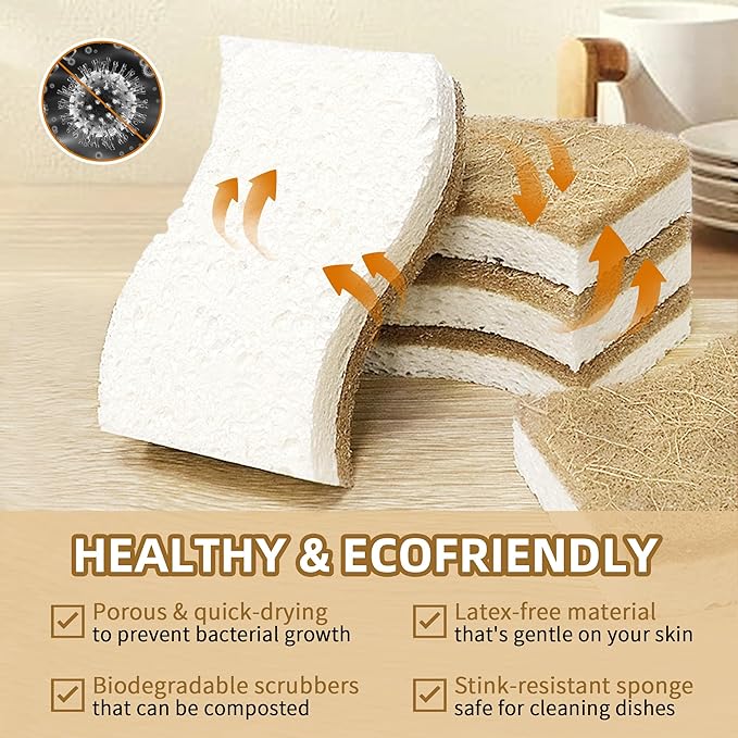 Natural Kitchen Sponges, Biodegradable & Compostable | Non-Scratch Cellulose Coconut Fiber Sponges for Dishes, Pots & Pans | Eco-Friendly Cleaning Sponge (12)